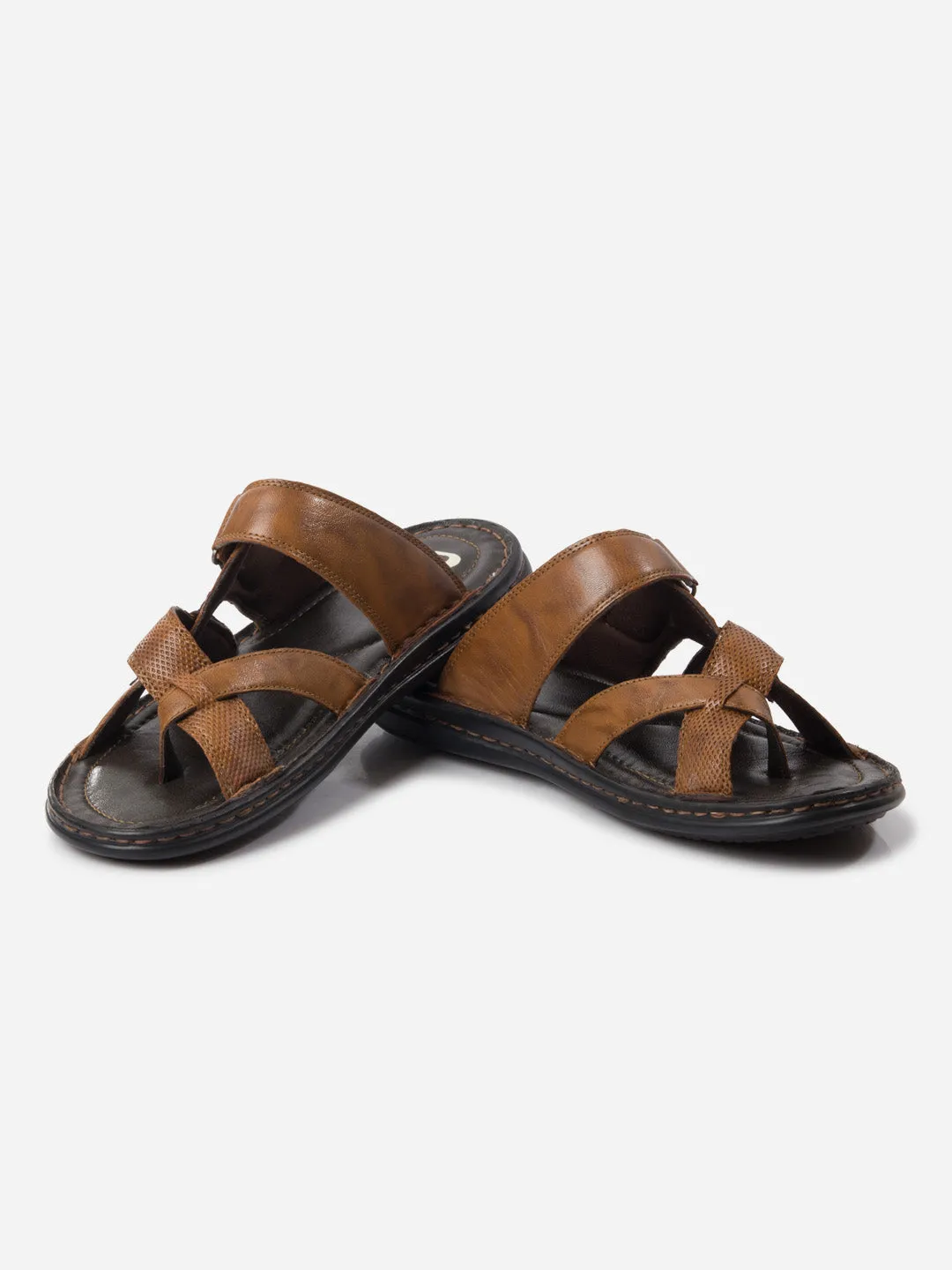 Wool Warm Padded Comfort Standing Workers Men's Tan Cross Strap Sandals (ID4151)