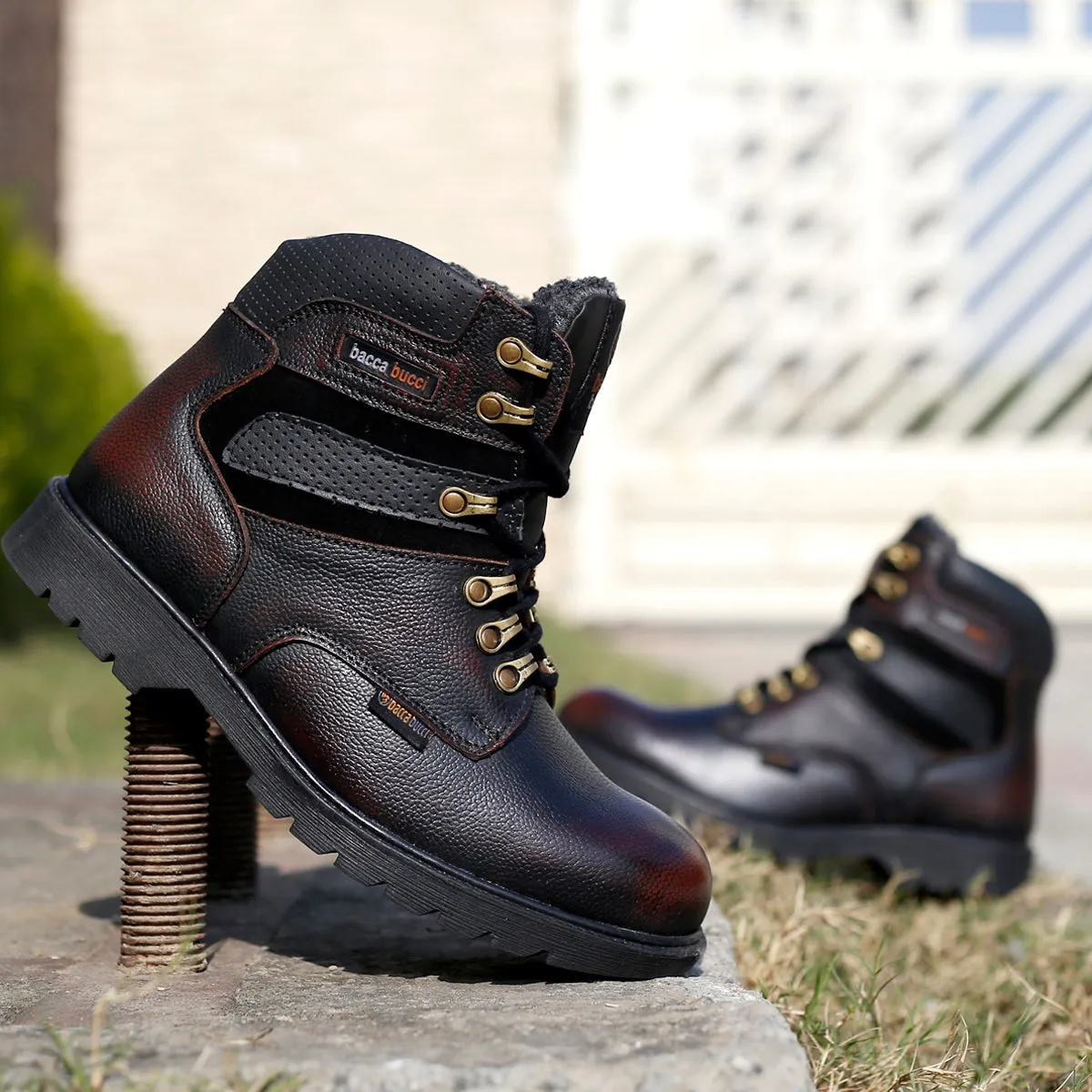 Bacca Bucci Genuine Grain Leather Boots | Snow Boots with 6 Inches Steel Toe Cap Dual Tone Court Grip