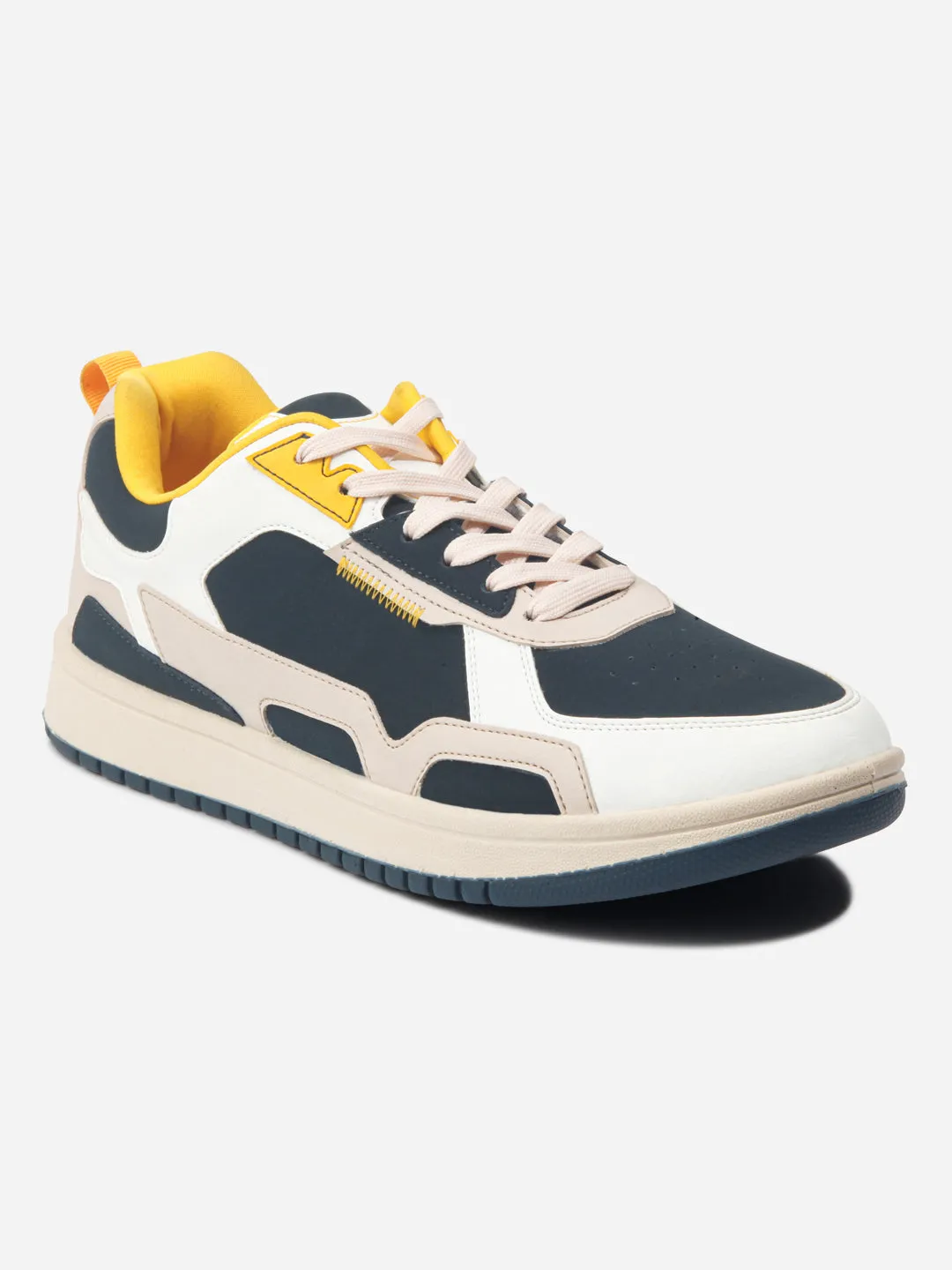 Arch Relief Unstructured Look Men's White Navy Lace Up Sneakers (IX6012)