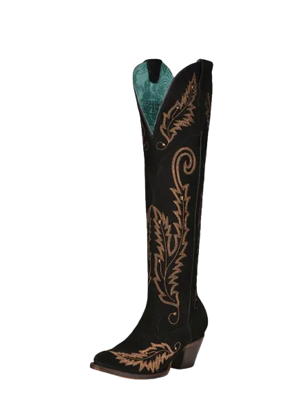 Fashion Comfort All Weather Functional Minimalist Corral Ladies' Black Embroidered Tall Top Suede Boot