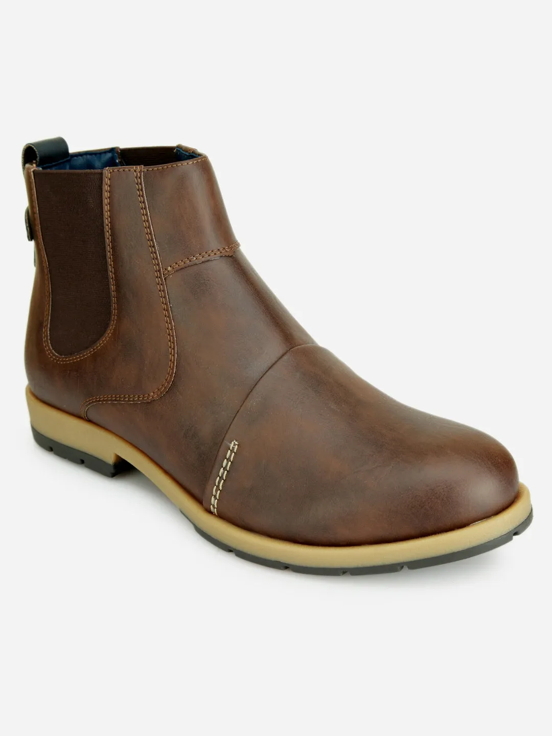 Men's Brown Round Toe Slip on Ankle Boot (IX1039) Hiking Mood Shock Resistant