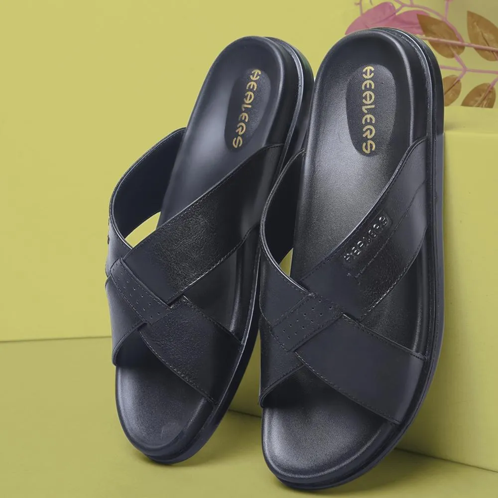 Classic Line Durable Material Healers Casual Black Slippers For Men LEEKS-2 By Liberty