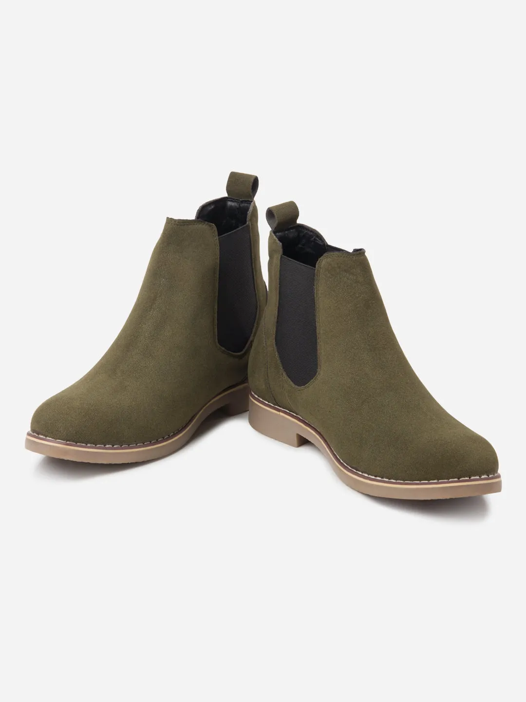 Block Walk Soft Tone Men's Olive Suede Smart Casual Chelsea Boots (IX3037)