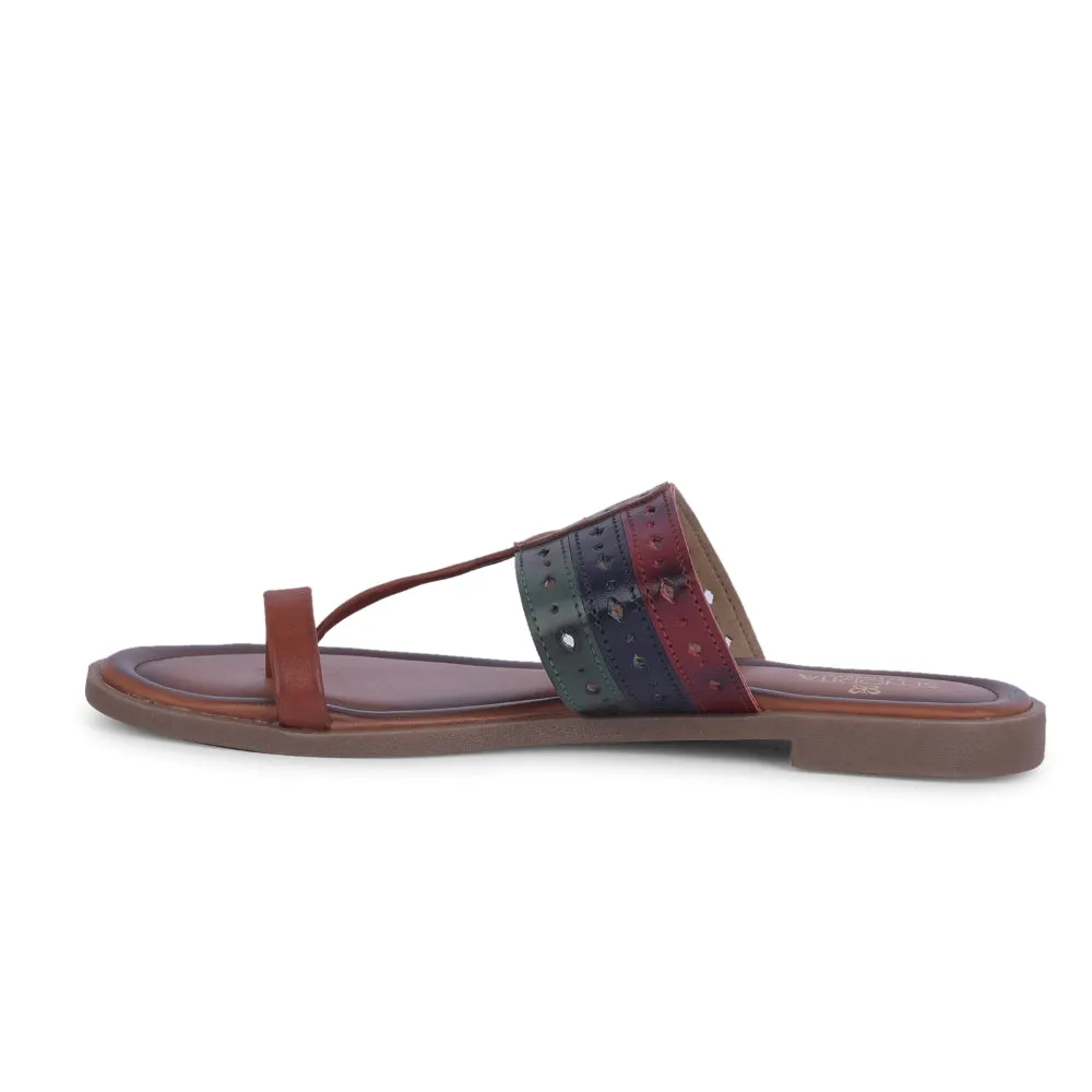 Foot Ease Senorita Tan Ethnic Toe Ring Slippers For Women LAX-5 By Liberty