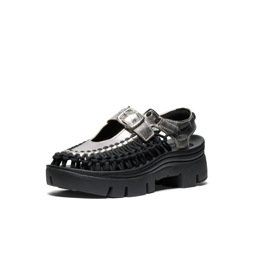 Reinforced toe All Gender UNEEK PLT Mary Jane Sneaker  |  Silver/Black